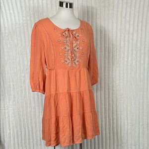 Miss Me coral embroidered boho tiered cotton gauze mini dress. L Cowgirl chic.